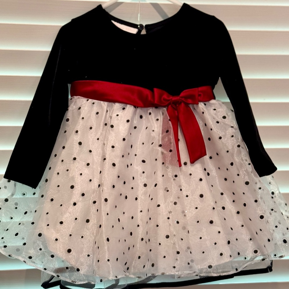 Bonnie Baby Black and White Polka Dot Dress with Red Bow